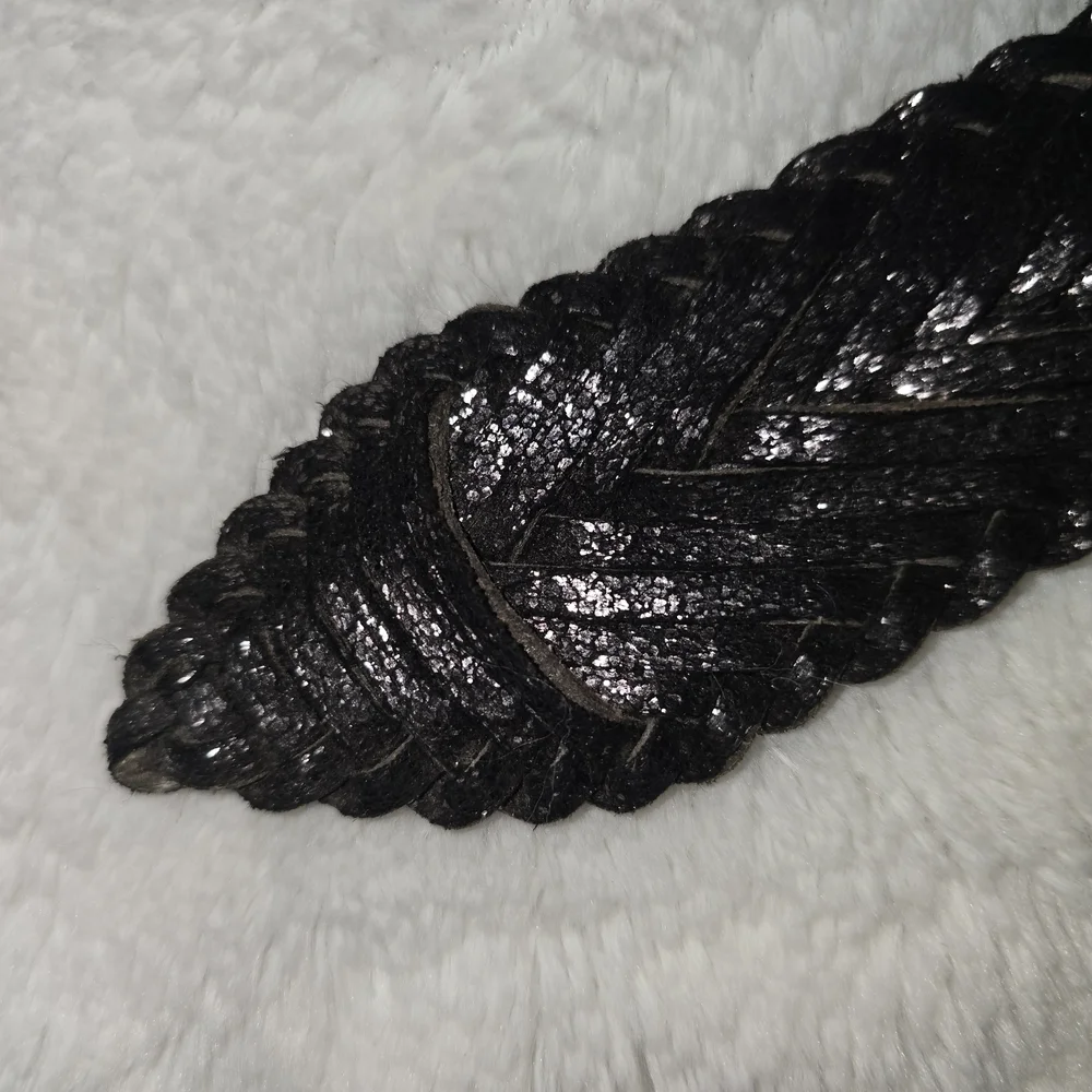 Vintage Metallic Black Braided Belt with Round Buckle Womens
